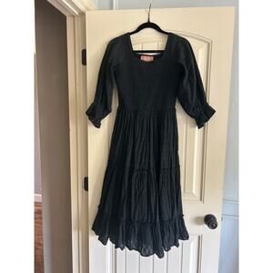 JessaKae Black Smocked Midi Dress with Puff Sleeves